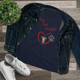 Live, Love, Beagle Women's Premium Tee in Navy. The Live, Love, Beagle design features a dog running through a heart with the phrase "Live, Love, Beagle!" above it.