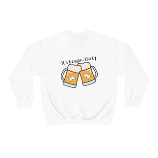 Beagle-Thirty Mugs Unisex Heavy Blend Crewneck Sweatshirt in White. The front of shirt showcases Two Dog Adorned Mugs clinking with the saying, "It's Beagle-Thirty" above it. Back of shirt features corresponding Benefit Beagle Logo.