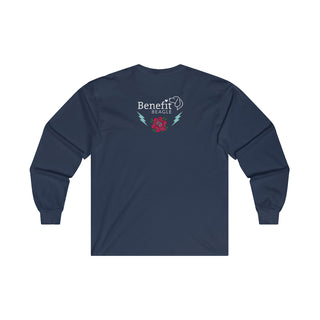 Stay Wild Ultra Cotton Long Sleeve Tee in Navy.   Shown is the back of shirt with Benefit Beagle Logo complete with Tattoo Rose. On front of shirt is Stay Wild Design featuring a tattoo style rose with the phrase "Stay Wild, Play Hard" around it.