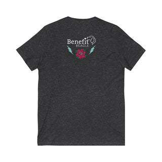 Stay Wild Premium Unisex V-Neck Tee in Asphalt . Shown is the back of shirt with Benefit Beagle Logo complete with Tattoo Rose. On front of shirt is Stay Wild Design featuring a tattoo style rose with the phrase "Stay Wild, Play Hard" around it.