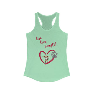 Live, Love, Beagle Women's Ideal Racerback Tank in Mint. The Live, Love, Beagle design features a dog running through a heart with the phrase "Live, Love, Beagle!" above it.