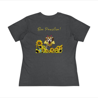 Bee Pawsitive Women's Premium Tee in Asphalt. Shown is back of shirt showcasing a dog dressed as as bee in a a field of sunflowers with the phrase "Bee Pawsitive!" above it. The front features the Bee Pawsitive Benefit Beagle Logo.