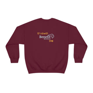 Beagle-Thirty Mugs Unisex Heavy Blend Crewneck Sweatshirt in Maroon. Shown is back of shirt featuring "Beagle-Thirty" Benefit Beagle Logo. The front Showcases Two Dog Adorned Mugs clinking with, "It's Beagle- Thirty" written above it.