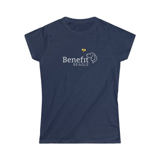 Bee Pawsitive Women's Softstyle Tee shirt in Navy. The front of shirt features the Bee Pawsitive Benefit Beagle Logo. The back of shirt showcases a dog dressed as a bee in a field of sunflowers with "Bee Pawsitive" written above.