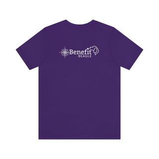 Adventures Await Unisex Jersey Short Sleeve Tee in Purple. Shown is the back of shirt with a Nautical Compass Benefit Beagle Logo. The front of shirt features the Adventures Await design with a dog inside a nautical compass and the words "Adventures Await" above it.