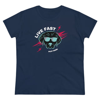 Play Hard Women's Midweight Cotton Tee shirt in Navy. The design features a cool dog with sunglasses and lightening bolts behind it. The phrase "Live Fast, Play Hard" is around the design.