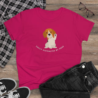 Easily Distracted Women's Midweight Cotton Tee in Team Heliconia Pink. Shown is front design featuring a dog waving with the saying "Easily Distracted by Dogs" below it. The back of shirt has the classic Benefit Beagle Logo.