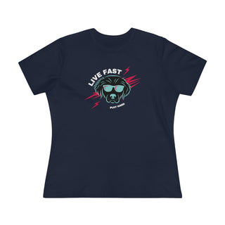 Play Hard Women's Premium Tee Shirt in Navy. The design features a cool dog with sunglasses and lightening bolts around it. The phrase "Live Fast, Play Hard" is around the design.