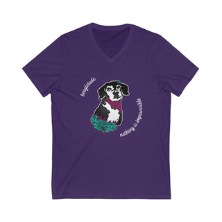 Signature Tattoo Roses Unisex Jersey Short Sleeve V-Neck Tee in Purple. Shown is front of shirt with the Signature Tattoo Roses design featuring a dog with roses around it and the phrase "Beagletude" and "Nothing is Impawssible". Back of shirt features the Benefit Beagle Logo.