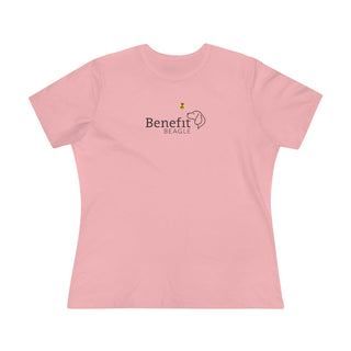 Bee Pawsitive Women's Premium Tee shirt in Pink. The front of shirt features the Bee Pawsitive Benefit Beagle Logo. The back of shirt showcases a dog dressed as a bee in a field of sunflowers with "Bee Pawsitive" written above.