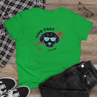 Play Hard Women's Midweight Cotton Tee shirt in Irish Green. The design features a cool dog with sunglasses and lightening bolts behind it. The phrase "Live Fast, Play Hard" is around the design.