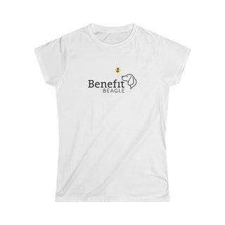 Bee Pawsitive Women's Softstyle Tee shirt in White. The front of shirt features the Bee Pawsitive Benefit Beagle Logo. The back of shirt showcases a dog dressed as a bee in a field of sunflowers with "Bee Pawsitive" written above.