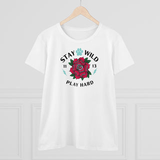 Stay Wild Women's Midweight Cotton Tee in White. Shown is front of Stay Wild Design features a tattoo style rose with the phrase "Stay Wild, Play Hard" around it. The back of shirt features the Stay Wild Benefit Beagle Logo Design.