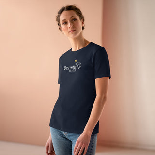 Bee Pawsitive Women's Premium Tee shirt in Navy. The front of shirt features the Bee Pawsitive Benefit Beagle Logo. The back of shirt showcases a dog dressed as a bee in a field of sunflowers with "Bee Pawsitive" written above.