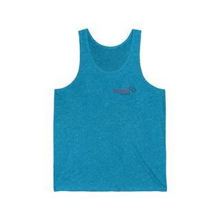 Different Pawspective Unisex Jersey Tank in Aqua Triblend. Shown is front of shirt with Benefit Beagle logo in the top corner . On the back is large colorful pawprint with the the phrase "Life is all about finding the beauty in a different pawspective" circled around it.