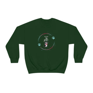 Dog Hair is my Glitter Unisex Crewneck in Forest Green. The Dog Hair is my Glitter design features a dog with the phrase "Dog Hair is my Glitter" above it and it is surrounded by a circle with paw prints.