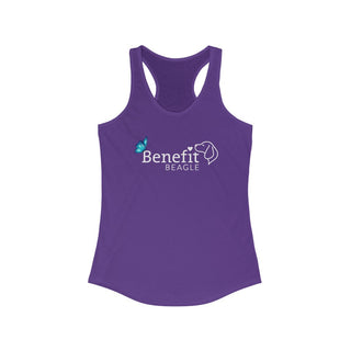 Lincoln Butterfly Women's Ideal Racerback Tank in Team Purple. Shown is the front of shirt with Benefit Beagle Logo kissed by butterfly. The back of shirt showcases profile of a dog with a blue butterfly on its nose and the phrase "Kindness is Strength" next to it.