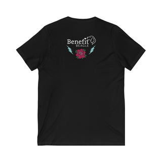 Stay Wild Premium Unisex V-Neck Tee in Black. Shown is the back of shirt with Benefit Beagle Logo complete with Tattoo Rose. On front of shirt is Stay Wild Design featuring a tattoo style rose with the phrase "Stay Wild, Play Hard" around it.