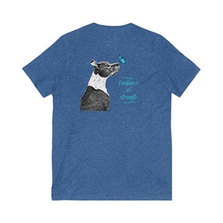 Lincoln Butterfly Unisex V-Neck Tee in True Royal Heather. Shown is back of shirt design showcasing profile of a dog with a blue butterfly on its nose and the phrase "Kindness is Strength" next to it. The front of shirt has Benefit Beagle Logo kissed by a Butterfly.