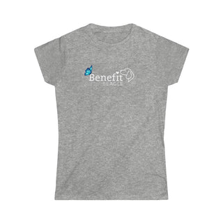 Lincoln Butterfly Women's Softstyle Tee in Sport Grey. Shown is the front of shirt with Benefit Beagle Logo kissed by butterfly. The back of shirt showcases profile of a dog with a blue butterfly on its nose and the phrase "Kindness is Strength" next to it.