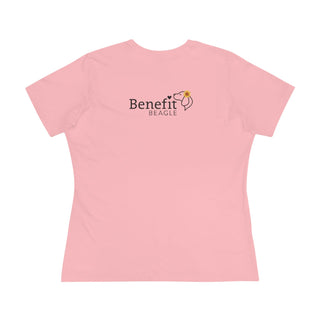 You are my Sunshine Women's Premium Tee shirt in Pink. Shown is back of shirt featuring the Sunflower Benefit Beagle Logo. The front showcases a sunflower which is split down the middle and half is made out of paw prints. Underneath is the phrase "You are my Sunshine".