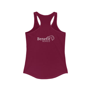 Easily Distracted Women's Racerback Tank in Cardinal Red. Shown is back design with the classic Benefit Beagle Logo. The front design features a dog waving with the saying "Easily Distracted by Dogs" below it.