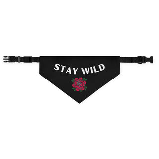 Stay Wild Dog Collar Bandana in Black. The Stay Wild design features the phrase "Stay Wild" with a tattoo style rose under it. Comes with adjustable black collar.