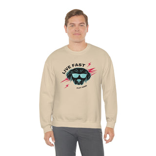 Play Hard Unisex Heavy Blend Crewneck Sweatshirt in Sand. The design features a cool dog with sunglasses and lightening bolts around it. The phrase "Live Fast, Play Hard" is around the design.