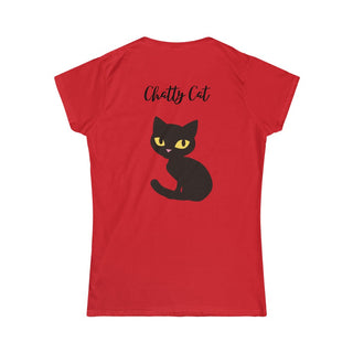 Meow Women's Softstyle Tee in Red. Shown is back showcasing a wide eyed black cartoon cat with the phrase "Chatty Cat" above it. On front of shirt is the Benefit Beagle Logo featuring a peeping cat.