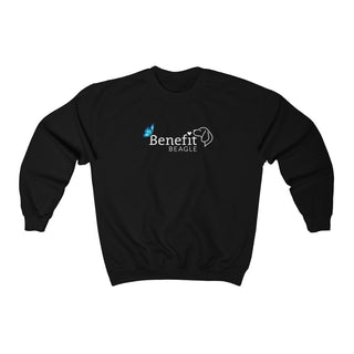 Lincoln Butterfly Unisex Crewneck Sweatshirt in Black. Shown is the front of shirt with Benefit Beagle Logo kissed by butterfly. The back of shirt showcases profile of a dog with a blue butterfly on its nose and the phrase "Kindness is Strength" next to it.