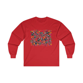 Dia De Los Muertos Unisex Ultra Cotton Long Sleeve Tee Shirt in Red. Shown is the front of shirt featuring print of dogs and cats with Dia de los Muertos traditional decorations. On the back is a similar Benefit Beagle Logo.