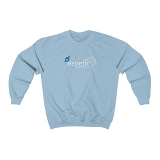 Lincoln Butterfly Unisex Jersey Short Sleeve Tee in Ice Blue. Shown is the front of shirt with Benefit Beagle Logo kissed by butterfly. The back of shirt showcases profile of a dog with a blue butterfly on its nose and the phrase "Kindness is Strength" next to it.