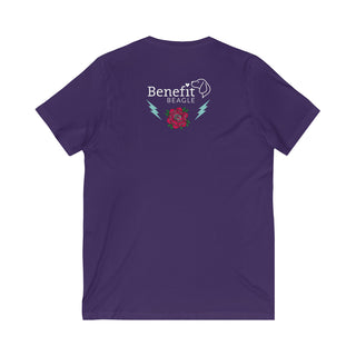 Stay Wild Premium Unisex V-Neck Tee in Team Purple. Shown is the back of shirt with Benefit Beagle Logo complete with Tattoo Rose. On front of shirt is Stay Wild Design featuring a tattoo style rose with the phrase "Stay Wild, Play Hard" around it.