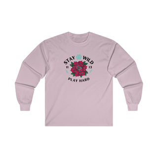 Stay Wild Ultra Cotton Long Sleeve Tee in Light Pink. The Stay Wild Design features a tattoo style rose with the phrase "Stay Wild, Play Hard" around it. The back of shirt features the Stay Wild Benefit Beagle Logo Design.