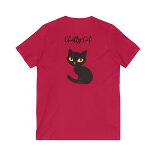 Meow Unisex V-Neck Tee in Red. Shown is back showcasing a wide eyed black cartoon cat with the phrase "Chatty Cat" above it. On front of shirt is the Benefit Beagle Logo featuring a peeping cat.