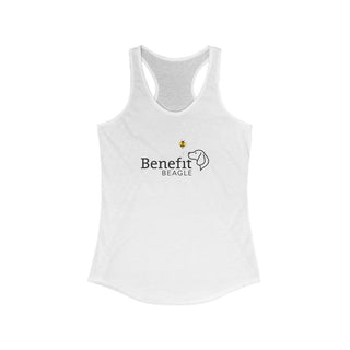 Bee Pawsitive Women's Racerback Tank shirt in White. The front of shirt features the Bee Pawsitive Benefit Beagle Logo. The back of shirt showcases a dog dressed as a bee in a field of sunflowers with "Bee Pawsitive" written above.