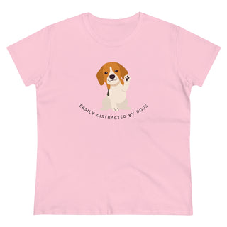 Easily Distracted Women's Midweight Cotton Tee in Pink. Shown is front design featuring a dog waving with the saying "Easily Distracted by Dogs" below it. The back of shirt has the classic Benefit Beagle Logo.