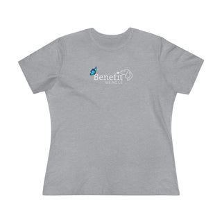 Lincoln Butterfly Women's Premium Tee in Athletic Heather. Shown is the front of shirt with Benefit Beagle Logo kissed by butterfly. The back of shirt showcases profile of a dog with a blue butterfly on its nose and the phrase "Kindness is Strength" next to it.