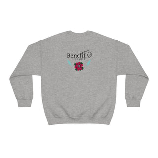 Stay Wild Unisex Heavy Blend Crewneck Sweatshirt in Sport Grey.  Shown is the back of shirt with Benefit Beagle Logo complete with Tattoo Rose. On front of shirt is Stay Wild Design featuring a tattoo style rose with the phrase "Stay Wild, Play Hard" around it.