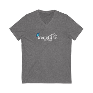 Lincoln Butterfly Unisex V-Neck Tee in Deep Heather. Shown is the front of shirt with Benefit Beagle Logo kissed by butterfly. The back of shirt showcases profile of a dog with a blue butterfly on its nose and the phrase "Kindness is Strength" next to it.