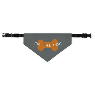 Easily Distracted Dog Collar Bandana in Grey. The design features a large dog bone with the words, "I'M THE DOG" written across it. Comes with adjustable black collar.