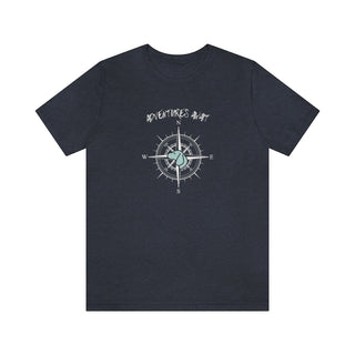 Adventures Await Unisex Jersey Short Sleeve Tee in Heather Navy. The front of shirt features the Adventures Await design with a dog inside a nautical compass and the words "Adventures Await" above it. The back of the shirt has similar Benefit Beagle Logo.