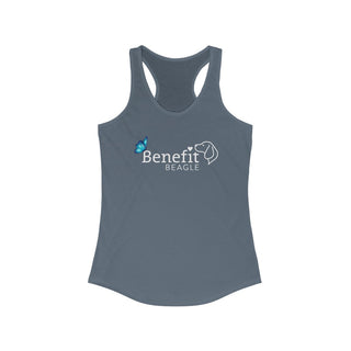 Lincoln Butterfly Women's Ideal Racerback Tank in Indigo. Shown is the front of shirt with Benefit Beagle Logo kissed by butterfly. The back of shirt showcases profile of a dog with a blue butterfly on its nose and the phrase "Kindness is Strength" next to it.