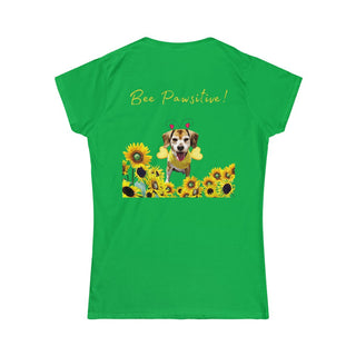 Bee Pawsitive Women's Softstyle Tee in Irish Green. Shown is back of shirt showcasing a dog dressed as as bee in a a field of sunflowers with the phrase "Bee Pawsitive!" above it. The front features the Bee Pawsitive Benefit Beagle Logo.