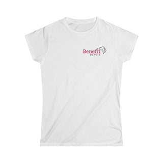 Different Pawspective Women's Softstyle Tee in White. Shown is front of shirt with Benefit Beagle logo in the top corner . On the back is large colorful pawprint with the the phrase "Life is all about finding the beauty in a different pawspective" circled around it.