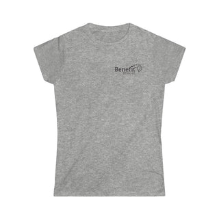 Live in the Moment Women's Softstyle Tee in Sport Grey. The Live in the Moment design features the Benefit Beagle logo in the top corner of the garment.