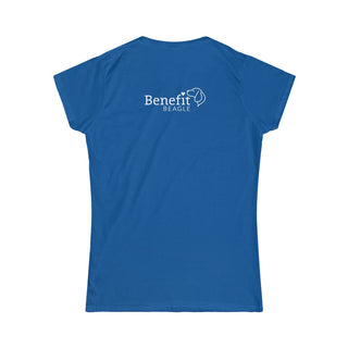 Signature Tattoo Flowers Women's Softstyle Tee in Royal. Shown is back of shirt with the Benefit Beagle Logo. Front of shirt has the Signature Tattoo Flowers design featuring a dog with flowers around it and the phrase "Beagletude" and "Nothing is Impawssible".