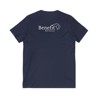 Signature Tattoo Flowers Unisex Jersey Short Sleeve V-Neck Tee in Navy. Shown is back of shirt with the Benefit Beagle Logo. Front of shirt has the Signature Tattoo Flowers design featuring a dog with flowers around it and the phrase "Beagletude" and "Nothing is Impawssible".