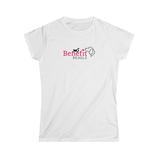 Meow Women's Softstyle Tee in White. Shown is front of shirt with the Benefit Beagle Logo featuring a peeping cat. The back showcases a wide eyed black cartoon cat with the phrase "Chatty Cat" above it.