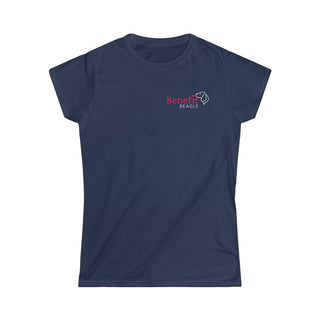 Different Pawspective Women's Softstyle Tee in Navy. Shown is front of shirt with Benefit Beagle logo in the top corner . On the back is large colorful pawprint with the the phrase "Life is all about finding the beauty in a different pawspective" circled around it.